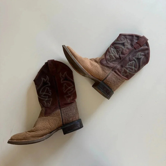 OLD WEST- Kids-Distressed-Vamp-Cowboy Boots-Brown-Red-Size 3 - Picture 2 of 14